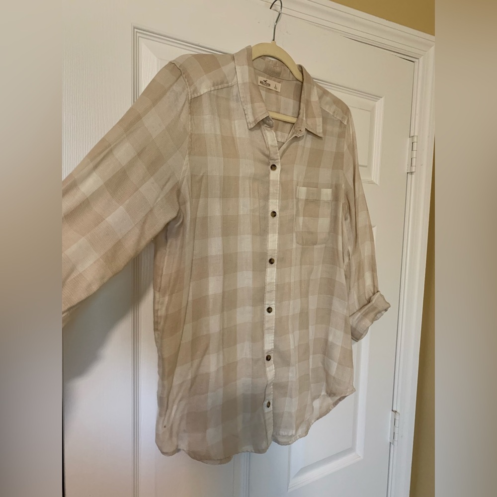 Hollister Light Tan Beige Checkered Long Sleeve Button Up Shirt Large Casual - Picture 4 of 9